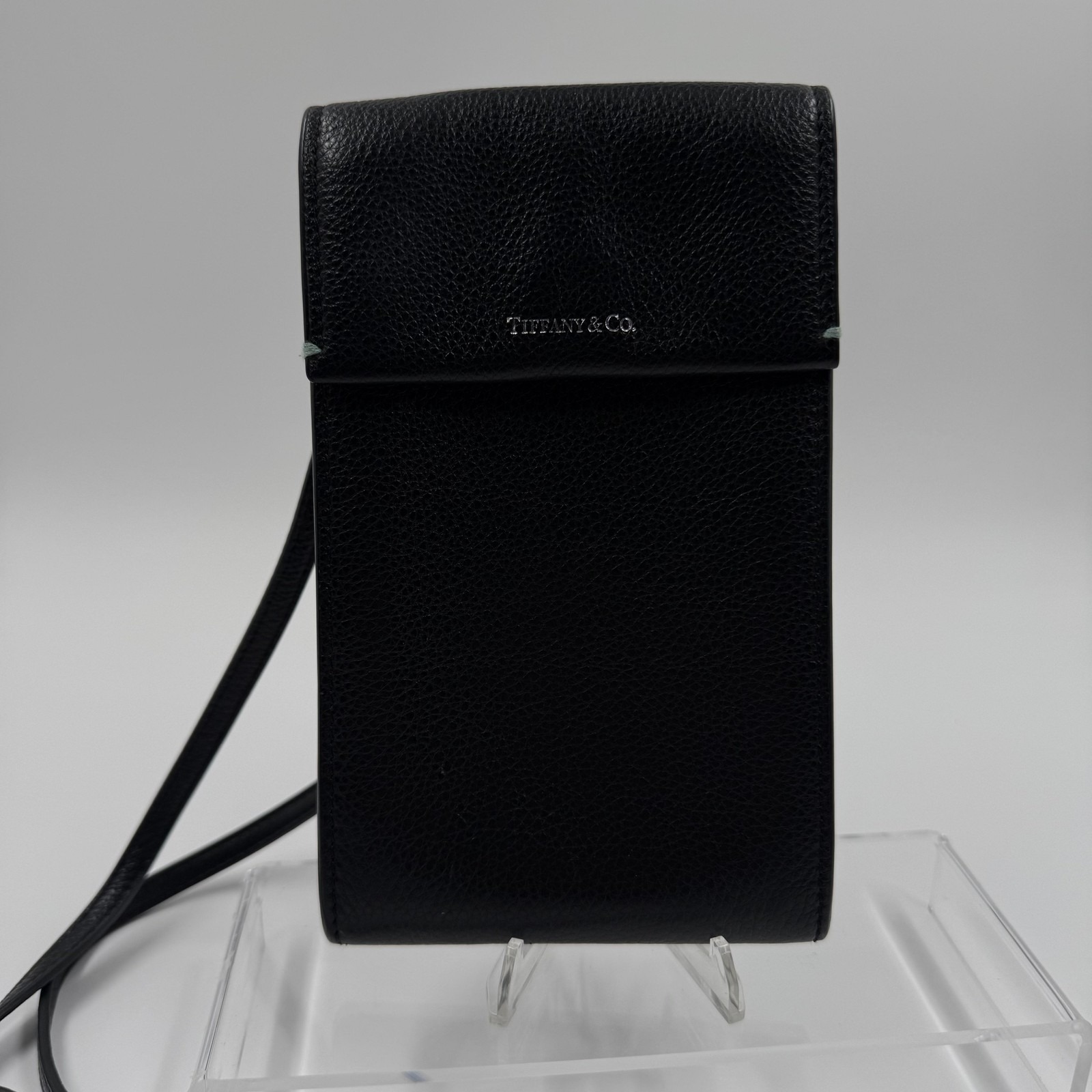Tiffany & Co Black Pebbled Leather Crossbody Phone Bag Card Holder Tiffany Blue